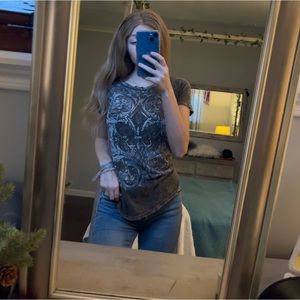 y2k affliction vocal rhinestone bedazzled brown short sleeve alternate shirt